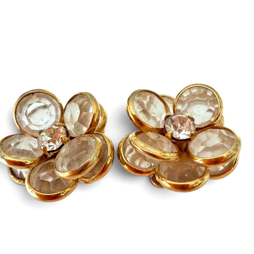 Vintage Gold Tone Clear Crystal Layered Flower Stud Earrings Statement